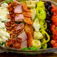 Antipasta Salad · Tomato, Black Olives, Banana Peppers, Bacon, Pepperoni, Ham, Provolone