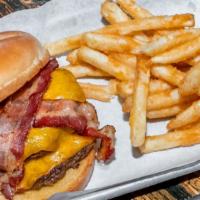 Bacon Cheddar Burger · Smoked bacon, Cheddar cheese, lettuce, tomato, red onion, and pickle.