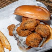 Fried Mushroom Swiss Burger · Topped with fried mushrooms and Swiss cheese.
