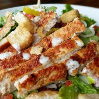 Chicken Ranch Salad · Chopped romaine lettuce, grilled chicken, bacon, tomatoes, banana peppers, mozzarella cheese...