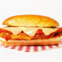 Chicken Parm · Breaded chicken cutlet covered in marinara and melted mozzarella on a hoagie roll.