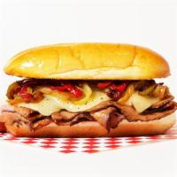 Philly Steak · Sliced steak with provolone and sauteed peppers and onions on a hoagie roll.