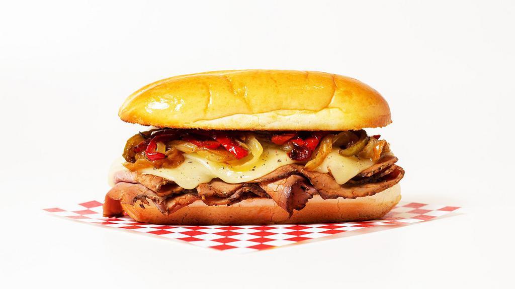 Philly Steak · Sliced steak with provolone and sauteed peppers and onions on a hoagie roll.