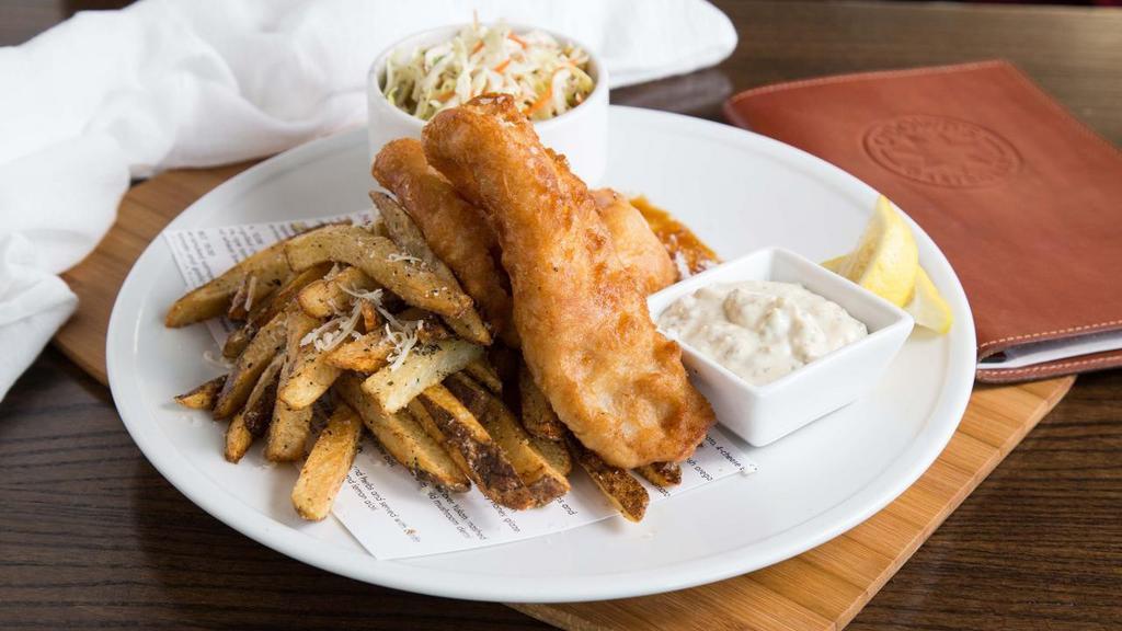 Fish & Chips · Golden beer battered fish, hand cut fries & Southern coleslaw