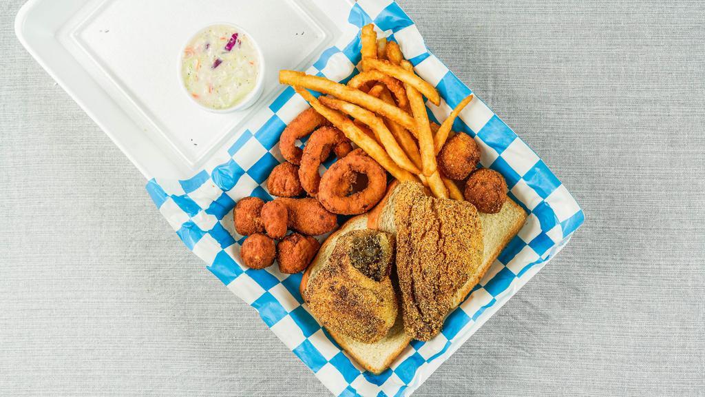 Buffalo Dinner  · Served with your choice of white bread or 2 hush puppies coleslaw 2 sides or condiments.