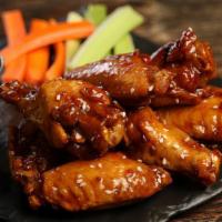 Korean Bbq · 8 Korean BBQ wings (mild heat), served with carrots & celery and a choice of blue cheese, cl...