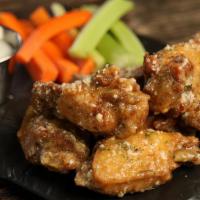 Garlic Parmesan · 8 garlic Parmesan wings (mild heat), served with carrots & celery and a choice of blue chees...