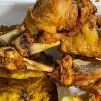 Chicken/ Fried Plantains  · chicken with fried plantains and spicy cabbage  and side salad