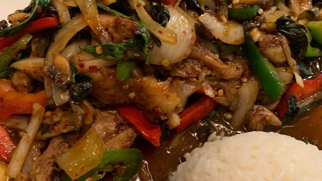 Pad Ka Prow · With basil, chili, onions, mushrooms and bell peppers.