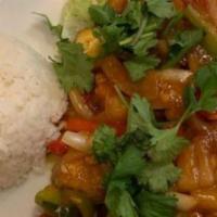Pad Priew Wan Tofu · Sautéed lightly battered tofu with Thai sweet and sour sauce, pineapple, bell peppers, cucum...