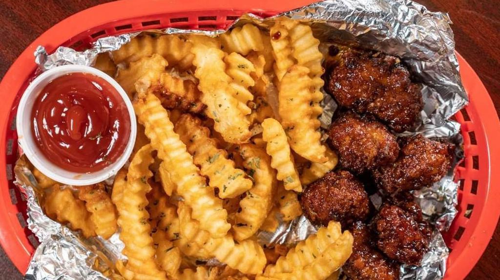 Boneless Wings · Ten southern fried chicken bites with your choice of flavors, served with your choice of fries