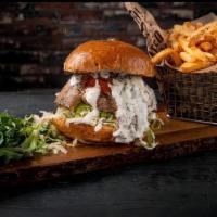 Ultimate Greek Burger · Angus beef, topped with our homemade lamb gyro, lettuce, tomato, onion, and tzatziki sauce; ...