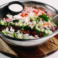 Senor Cobb Salad · Mixed green topped with chopped bacon, blue cheese, tomatoes, red onions, cucumber, hard boi...