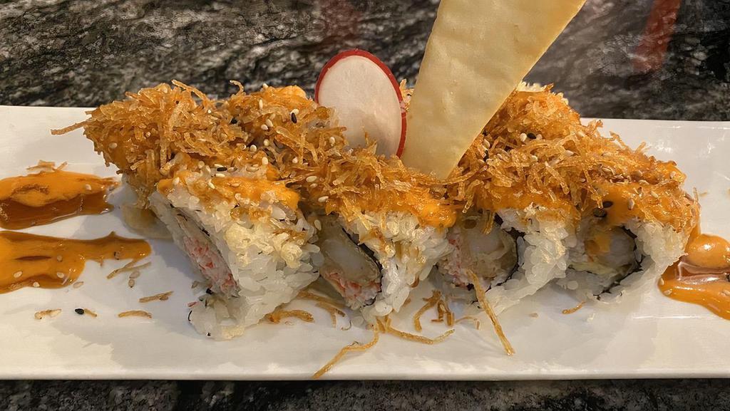 Crunch Roll · Shrimp tempura, crab and avocado.