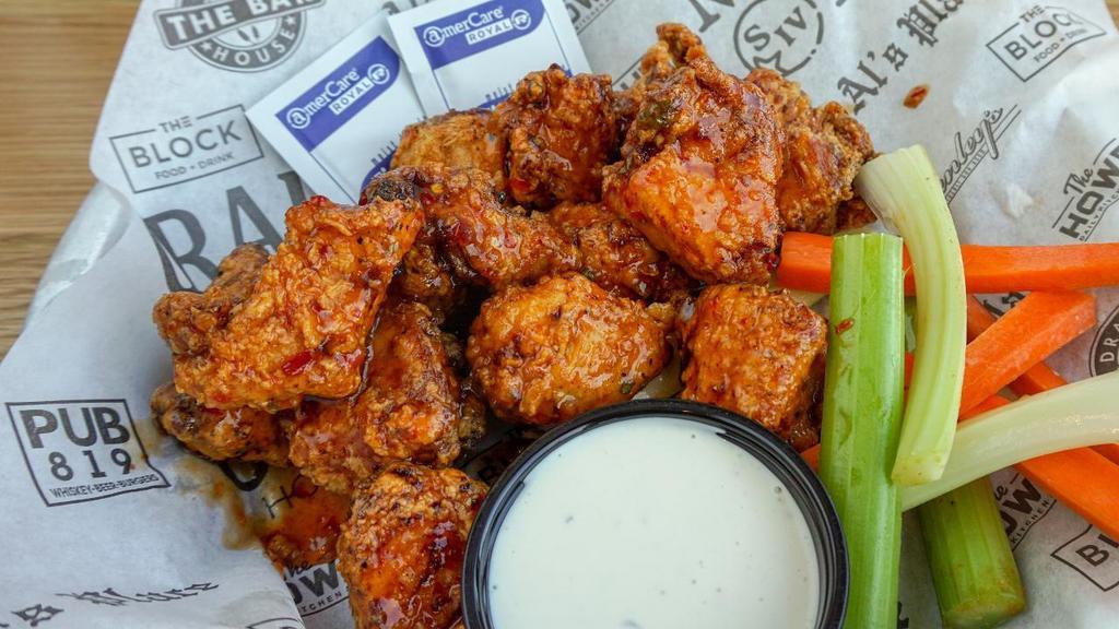Full Order Boneless Broasted Wings · Served with carrots and celery and choice of ranch or bleu cheese (extra $1.00)        Sauces: Buffalo, Cajun Dry Rub, Guava BBQ, Hot Chic, Sweet Thai Chili, Darling's Buffalo Dry Rub™