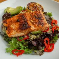 Quinoa Salmon Salad* · Pan-seared salmon seasoned with Darling's Butcher Salt™ (prepared medium), crispy chickpeas,...