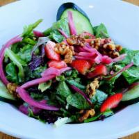 Strawberry Salad · Mixed greens, strawberries, cucumber, pickled red onions, candied walnuts, poppyseed dressing