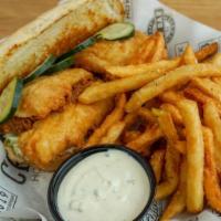 Walleye Sandwich · Nordeast battered walleye, spring mix, tomato, tartar sauce, and chipotle aioli served on a ...
