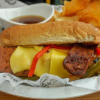 Vegan Philly · The Herbivorous Butcher's ™ vegan porterhouse, Chao vegan cheese and sauteed green and red p...