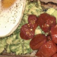 Avocado Toast · Vegan. Avocado, toasted tomato, fried egg served on thick-cut sourdough.

Please note: If ch...