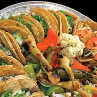 Tacos (20 Pieces) · Your choice of meat. Served with cilantro and onion or lettuce and tomatoes and salsas inclu...