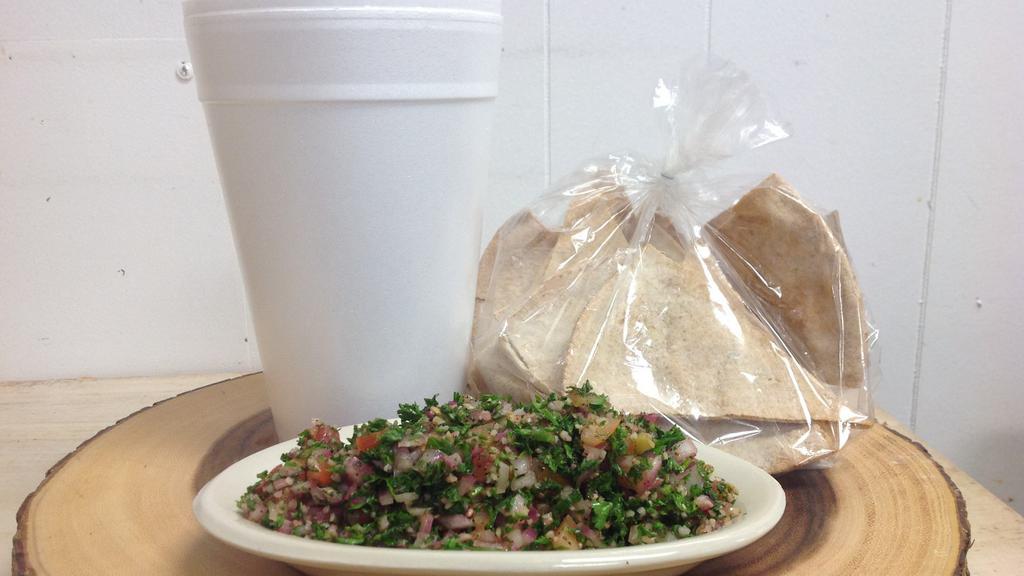 Quart Of Tabouli · Feeds 4-6 people. Comes with 2 bags of pita chips.