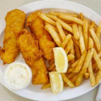 Fish & Chips · Three Icelandic cod fillets dipped in our own batter and fried golden brown served with frie...