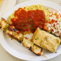 Greek Combo Platter · One pc. Chicken kabob, spinach pie and rice pilaf.