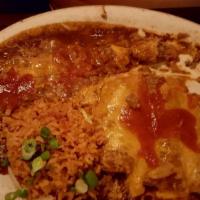 Enchiladas Suizas · Gluten-free. Three corn tortillas layered with chicken, swiss cheese and covered with tomati...