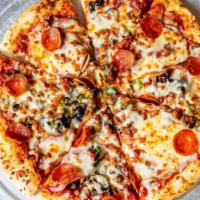 Supreme Pizza · Pepperoni, sausage, ham, hamburger, bacon, green pepper, black olive, onion, and mushroom. F...