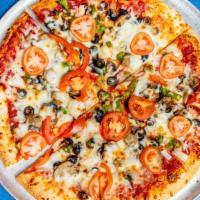 Veggie Pizza · Mushroom, onion, green pepper, black olive, and tomato.