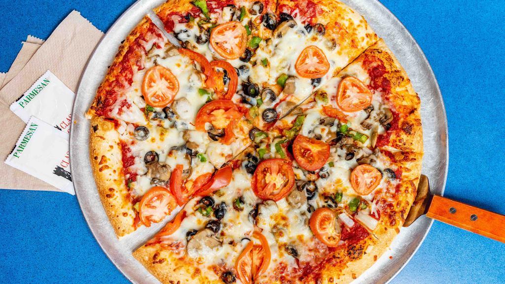 Veggie Pizza · Mushroom, onion, green pepper, black olive, and tomato.