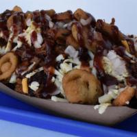 Bbq Loaded Fries · House fries, whiskey bacon pulled pork, green chili cheese, pickled onions and jalapenos, ch...