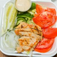 Grilled Chicken Salad · Grilled Chicken Salad, lettuce, onion, tomato, cucumber and green peppers.