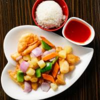 Sweet & Sour Chicken · Green pepper, carrots, onions and pineapple with sweet sour sauce on the side.