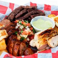 Parrilla Mixed  · Grilled beef and chicken, pork sausage, pico
de gallo, fried cassava, grilled cheese, cactus...