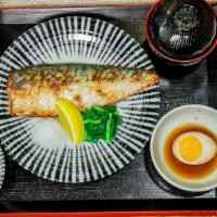 Grilled Mackerel Plate · Grilled mackerel, rice, miso soup, pickles.