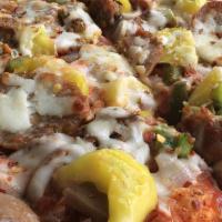 Crazy All The Way · Pepperoni, mushroom, green peppers, onion, banana peppers, and spicy sausage.