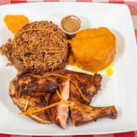 Bbq Jerk Chicken Dinner · Comes with rice and beans and any two other sides of your choosing.