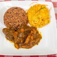 Curry Goat · Comes with rice and beans and any two other sides of your choosing.