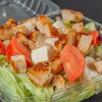 Grilled Chicken Salad · Lettuce, grilled chicken, cheese, tomato, bacon, croutons, cucumbers, carrots.