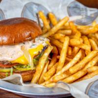 Hillgrove Cheeseburger · American cheese, lettuce, onion, tomato, pickle & jump-off sauce on a burger bun.