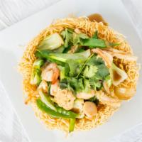 Pan Fried Crispy Noodle (No Meat) · Veggie and tofu with rice noodles.