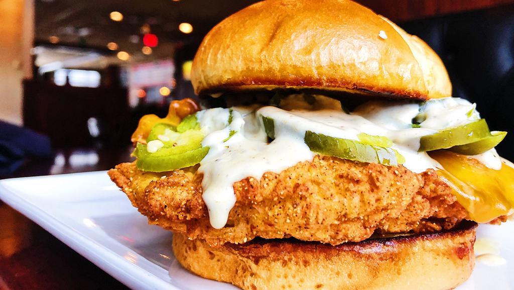 Dirty Bird · The Pub Classic!
Crispy Fried Chicken Cutlet, Toasted Potato Bun, Bourbon Gastrique, Smoked Cheddar, Pickled Jalapeño and White BBQ Sauce