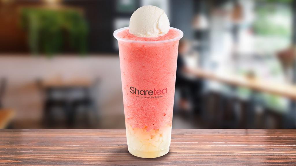 Strawberry Ice Blended With Lychee Jelly & Ice Cream · Strawberry flavored, with a mix of delicious taste of lychee and ice cream sweetness.