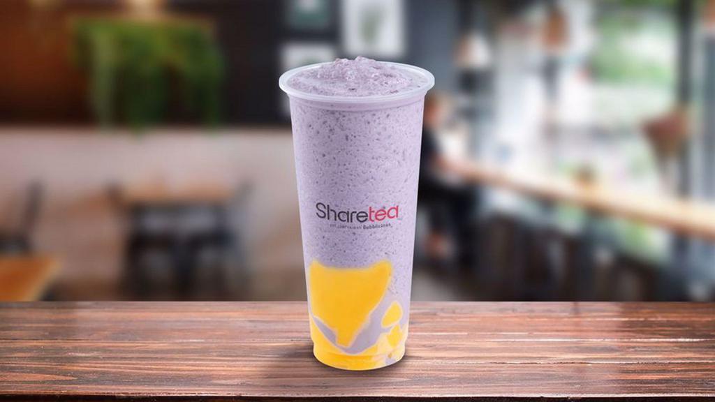 Taro Ice Blended With Pudding · Taro flavored creamy drink with the sweet taste of pudding, added with ice that give a cool feeling.