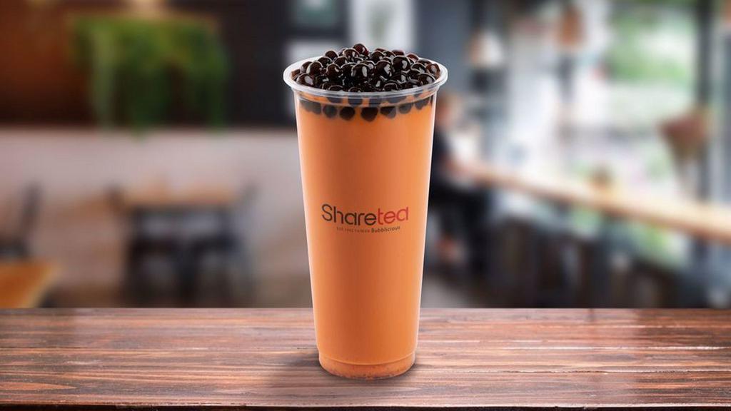 Thai Tea Ice Blended With Pearl · Pearly ice cold drink, the main ingredient is Thai tea powder, added with a creamy taste and a bit of black tea flavor.