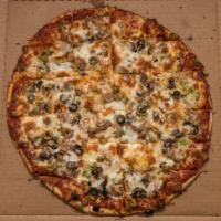 Pizza Man Deluxe · Sausage, pepperoni, onions, mushrooms, green peppers, Canadian bacon, black, and green olive...