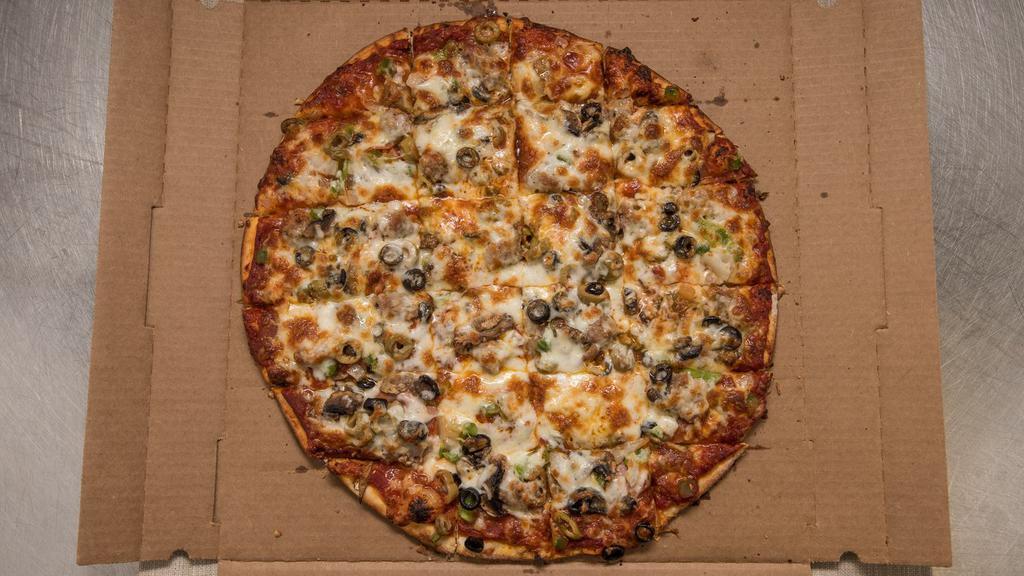 Pizza Man Deluxe · Sausage, pepperoni, onions, mushrooms, green peppers, Canadian bacon, black, and green olives, extra cheese.