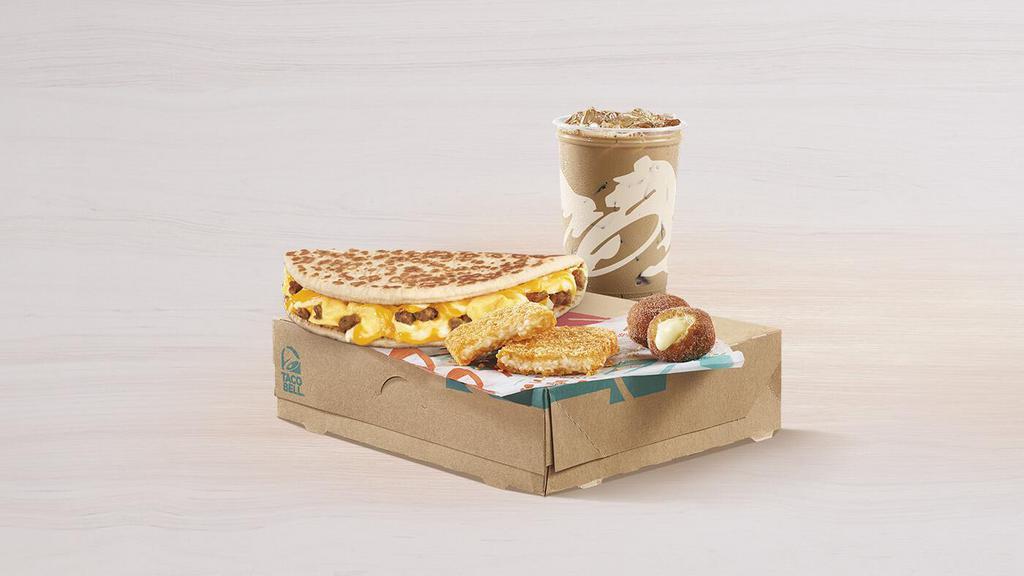 Bell Breakfast Box · Includes a Breakfast Flatbread Melt with sausage, two Cinnabon Delights®, a hash brown, and a medium fountain drink or coffee.